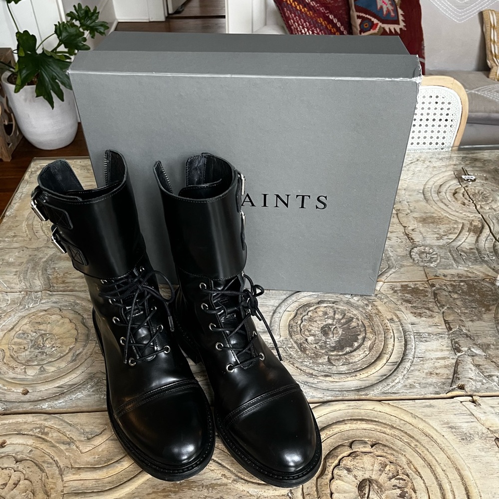 Dian all saints black moto biker combat leather boots 38 8 excellent condition